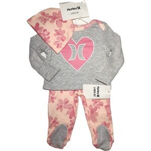 Hurley Baby Girl Newborn 3pc Outfit Set Pink‎ Gray Floral Heart Pants Shirt NWT